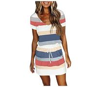 Graceyo Elegante Kleider Damen Knielang, Sommer Kurzarm Partykleid A-Linie Elegantes Minikleider Frauen Sommerkleid V-Ausschnitt Tunika Kleid Cocktailkleid Boho Freizeitkleider Wickelkleid, 1-grau, L