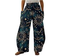 Graceyo Haremshose Damen Baggy Freizeithosen Sommer Weite Bein Hosen Pumphose mit Tasche Boho Frauen Beiläufige Sonne Mond Stern Druck Lose Elastische Taillen Harems Hosen Strandhose Sommerhose