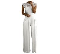 Graceyo Jumpsuit Damen Elegante, Spitze Spleißen Festlich Hochzeit Damen Lang Weites Bein Hosen Hohe Taillen Einteiler Overall Frauen Blumenspitze Business Party Breites Bein Hosenanzug, Weiß, S