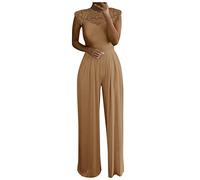 Graceyo Jumpsuit Damen, Spitze Spleißen Hochzeit Lang Weites Bein Hosen Hohe Taillen Einteiler Overall Frauen Blumenspitze Business Party Breites Hosenanzug, Braun, S