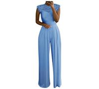 Graceyo Jumpsuit Damen, Spitze Spleißen Hochzeit Lang Weites Bein Hosen Hohe Taillen Einteiler Overall Frauen Blumenspitze Business Party Breites Hosenanzug, Blau, XXL