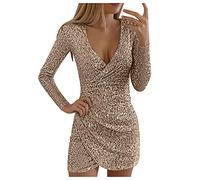 Graceyo Pailletten Kleider Knielang, Damen Kurz Glitzerkleid Langarm V-Ausschnitt Glänzende Kleider Sexy Partykleid Cocktailkleid Bodycon Enges Party Minikleid Wickelkleid Festkleid, Braun, 3XL