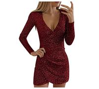Graceyo Pailletten Kleider Knielang, Damen Kurz Glitzerkleid Langarm V-Ausschnitt Glänzende Kleider Sexy Partykleid Cocktailkleid Bodycon Enges Party Minikleid Wickelkleid Festkleid, Wein, S
