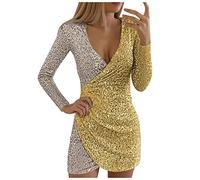Graceyo Pailletten Kleider Knielang, Damen Kurz Glitzerkleid Langarm V-Ausschnitt Glänzende Kleider Sexy Partykleid Cocktailkleid Bodycon Enges Party Minikleid Wickelkleid Festkleid, 2-gelb, XXL