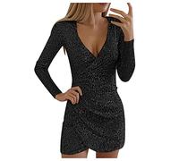 Graceyo Pailletten Kleider Knielang, Damen Kurz Glitzerkleid Langarm V-Ausschnitt Glänzende Kleider Sexy Partykleid Cocktailkleid Bodycon Enges Party Minikleid Wickelkleid Festkleid