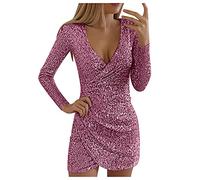 Graceyo Pailletten Kleider Knielang, Damen Kurz Glitzerkleid Langarm V-Ausschnitt Glänzende Kleider Sexy Partykleid Cocktailkleid Bodycon Enges Party Minikleid Wickelkleid Festkleid