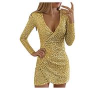 Graceyo Pailletten Kleider Knielang, Damen Kurz Glitzerkleid Langarm V-Ausschnitt Glänzende Partykleid Cocktailkleid Bodycon Enges Party Minikleid Wickelkleid Festkleid, Gelb, S
