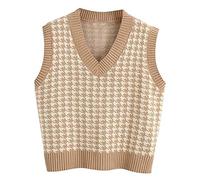 Graceyo Pullover Damen Herbst Winter Weste Casual Strickweste Sweatshirts V-Ausschnitt Vest Pullover Sweater Ärmellos Elegant Hahnentritt Karierte Strickpullover Pullunder Tank Tops