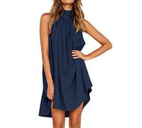 Graceyo Trägerkleid Damen Sommer Neckholder Schulterfrei Elegant Kleider Ärmelloses Sommerkleid Beach Cami Strandkleid Freizeitkleid Unregelmäßige Minikleider Swing Mini Kleid Sommerkleider, Blau, L