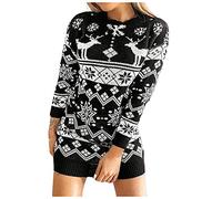 Graceyo Weihnachtskleid Knielang Damen Weihnachten Strickkleid Elegant Rentier Schneeflocken Kleider Pulloverkleid Strick Kleid Winter Langarm Partykleid Vintage Minikleid Pullikleid Winterkleid