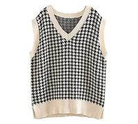 Graceyo Weste Damen Pullunder, Strick Ärmellos V-Ausschnitt Strickweste, Hahnentritt Karierte Strickpullover Vest Sweatshirts, Retro Herbst Winter Gestrickt Vest Pullover Tank Top Oberteil