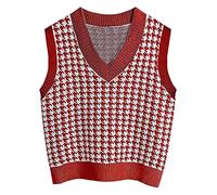 Graceyo Weste Damen Pullunder, Strick Ärmellos V-Ausschnitt Strickweste, Hahnentritt Karierte Strickpullover Vest Sweatshirts, Retro Herbst Winter Gestrickt Vest Pullover Tank Top Oberteil