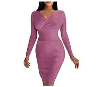 Graceyo Winter Knielang Strick Minikleider Damen Sexy Tief V Ausschnitt Bodycon Enges Wickelkleid Festkleid Langarm Hohe Taille Strickkleid Winterkleid Kurz Partykleid Pulloverkleid