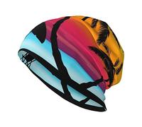 Graffiti Skateboard Beanie Mützen Lustige Strickmütze Stretch Schal Kopfwickel Klassisch Winter Warm Strick Milch Seide Mütze für Männer Frauen, Sonnenuntergang Palme, EinheitsgröÃŸe