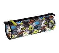 Grafoplás Rundes Federmäppchen | Groß | 22 x 8 cm | Reißverschluss mit Griffen | Polyester | Goal | Bits&Bobs Pop Up Design | Perfekt für Ihre Schulsachen, Grau, Grün und Blau, 22x8cm, Rundes