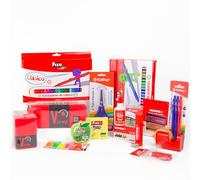 Grafoplás | Schulmäppchen mit 3 Fächern mit Schulmaterial | Grundschule | Farbstifte, Spitzer, Schullineal, Kugelschreiber, Kleber, Korrekturband, Kreidemarker, rot, Für die Schule