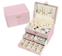 Granbest 3 Schichten Schmuckkästchen mit 2 Schubladen, Elegante Schmuckkasten, Leder Schmuckbox Ideal für Halsketten, Armbänder, Ringe und Ohrringe (Rosa)