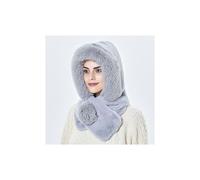 (Grau) Winterwarme Pelzmütze mit Ohrenklappen für Damen, dicke Beanie mit Kapuze, winddicht, weich und