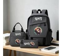 Graues Demon Slayer Tanjiro Anime Muster Rucksack Set, 3 Teile Schultasche mit Lunchbox & Federmäppchen, leichter Reise-Tagesrucksack für Jungen und M