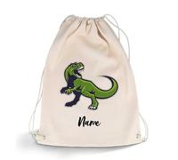 GRAVURZEILE Bedruckter Turnbeutel - Cartoon T-Rex & Wunschname - Sportbeutel Rucksack Daypack Gymbag mit Kordelzug - für Schule & Freizeit Sport - für Kinder Jungen & Mädchen - 12 Liter 33x45 cm
