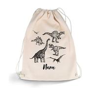 GRAVURZEILE Bedruckter Turnbeutel - Dinosaurier Skizzen & Wunschname - Sportbeutel Rucksack Daypack Gymbag mit Kordelzug - für Schule & Freizeit Sport - für Jungen & Mädchen - 12 Liter 33x45 cm