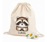 GRAZDesign Personalisierter Kinder Turnbeutel mit Namen - Waschbär-Motiv Stoffbeutel Rucksack Wäschewechsel Beutel, beige aus Baumwolle