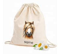 GRAZDesign Personalisierter Kinder Turnbeutel Stoffbeutel Name Pferdemotiv Rucksack Wäschewechsel Beutel, beige aus Baumwolle