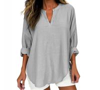 Greabuy Lässige Leinenblusen für Damen, V-Ausschnitt, Langarm-Pullover, Baumwollhemden, leicht, lockere Passform, weiche Herbst-Tops, lässige Bluse, Langarm-Pullover, Baumwollhemden, grau, L