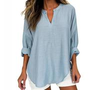 Greabuy Lässige Leinenblusen für Damen, V-Ausschnitt, Langarm-Pullover, Baumwollhemden, leicht, lockere Passform, weiche Herbst-Tops, lässige Bluse, Langarm-Pullover, Baumwollhemden, himmelblau, S