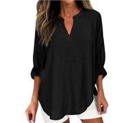 Greabuy Lässige Leinenblusen für Damen, V-Ausschnitt, Langarm-Pullover, Baumwollhemden, leicht, lockere Passform, weiche Herbst-Tops, lässige Bluse, Langarm-Pullover, Baumwollhemden, Schwarz , M