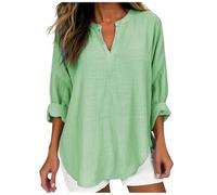 Greabuy Lässige Leinenblusen für Damen, V-Ausschnitt, Langarm-Pullover, Baumwollhemden, leicht, lockere Passform, weiche Herbst-Tops, lässige Bluse, Langarm-Pullover, Baumwollhemden, grün, XXL