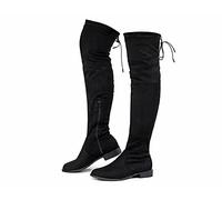 Greatonu Damen Overknee Oberschenkel Hoch Niedriger Blockabsatz Spitze Zehe Reiten Stretch Lange Flache Stiefel Frühling Herbst Winter 0.98 inchs Schwarz EU 37