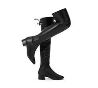 Greatonu Damen Overknee Stiefel Warme Winter Lange Stiefel mit seitlichem Reißverschluss Zurück Spitze Mode Oberschenkel Hohe Stiefel 1.77 inchs Schwarz Pu Leather EU 36