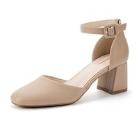 Greatonu Damen Pumps mit Knöchelriemen Spangenpumps Schnalle Pumps Fesselriemen Blockabsatz Riemchenpumps Sandale Absatzschuhe Geschlossene Eckige Spitze Pumps High Heels für Hochzeiten Party Beige 37