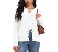 GRECERELLE Leichte Strickjacke Damen Rundhals Knopf Cardigan Langarm Gestreifte Lässig Lose Cardigan (Weiß, XL)