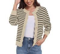 GRECERELLE Leichte Strickjacke Damen Rundhals Knopf Cardigan Langarm Gestreifte Lässig Lose Cardigan (Aprikose Schwarz Gestreift, XL)