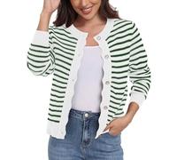 GRECERELLE Leichte Strickjacke Damen Rundhals Knopf Cardigan Langarm Gestreifte Lässig Lose Cardigan (Weiß Dunkelgrün Gestreift, XL)