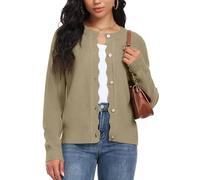 GRECERELLE Leichte Strickjacke Damen Rundhals Knopf Cardigan Langarm Gestreifte Lässig Lose Cardigan (Khaki, XL)