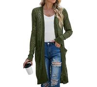 GRECERELLE Strickjacke Damen Sommer Lang Cardigan Langärmelig Lochmuster Strandjacke Leicht Dünne Vorne Offen Cover Up
