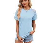 GRECERELLE Tshirt Damen Rundhalsausschnitt Oberteile T-Shirts für Damen Kurzarm Sommer Tops Lässig Casual Tunika (Azurblau, S)