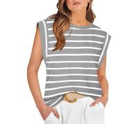 GRECERELLE Women's Summer Casual T-Shirt - Bequemes, lockeres Rundhals-Top mit Raglan-Ärmeln (Grauer Streifen, M)