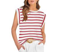 GRECERELLE Women's Summer Casual T-Shirt - Bequemes, lockeres Rundhals-Top mit Raglan-Ärmeln (Rote Streifen, L)