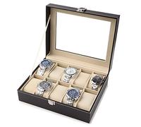 Greensen Uhrenbox mit 10 Fächern, Aufbewahrungsbox für Uhren Uhrenkasten Uhrenkoffer mit Herausnehmbaren Watch Box Uhrenkissen Uhrenkasten Uhren Aufbewahrung PU Leder Schwarz