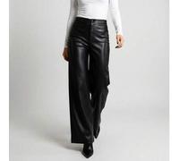 Grenj Fashion Weite Bein Hose mit Taschenelement aus Leder, einfarbig elegante Party Reißverschluss Knopf Tasche Büro Date Night