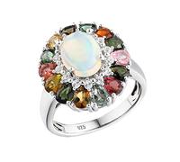 Grewod Frauen Ringe Silber 925 Damen Blume mit 9x7mm Oval Opal und Turmalin Ringe Hochzeit Größe 53 (16.9)