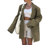 Grlasen Lässiger eleganter Damen-Blazer, langärmelig, übergroß, Revers, vorne offen, einfarbig, für Arbeit, Büro, Grün , L