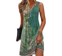GRMLRPT Damen Freizeitkleid Boho Leicht Sommerkleider Armellos V-Ausschnitt Elegant Kurz Strandkleid Blumen Luftig Dress Hawaii Kleid Basic(Grün,XXL)