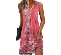 GRMLRPT Damen Freizeitkleid Boho Leicht Sommerkleider Armellos V-Ausschnitt Elegant Kurz Strandkleid Blumen Luftig Dress Hawaii Kleid Basic(Rot,M)