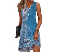 GRMLRPT Damen Freizeitkleid Boho Leicht Sommerkleider Armellos V-Ausschnitt Elegant Kurz Strandkleid Blumen Luftig Dress Hawaii Kleid Basic(Blau,L)