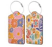 Groovy Gepäckanhänger mit Gänseblümchen-Blumen, PU-Leder, niedliche Kofferanhänger mit Edelstahlschlaufe und Adresskarte, Gepäckanhänger für Reisen, 2 Stück
